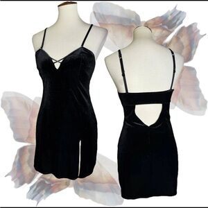 Frederick’s of Hollywood Black Velvet Mini Dress Built-In Bra Rhinestones Size S